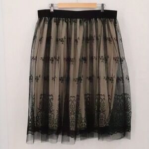 Metro Wear Floral Lace Tulle Midi Skirt Womens Size XL Black Tan Whimsigoth